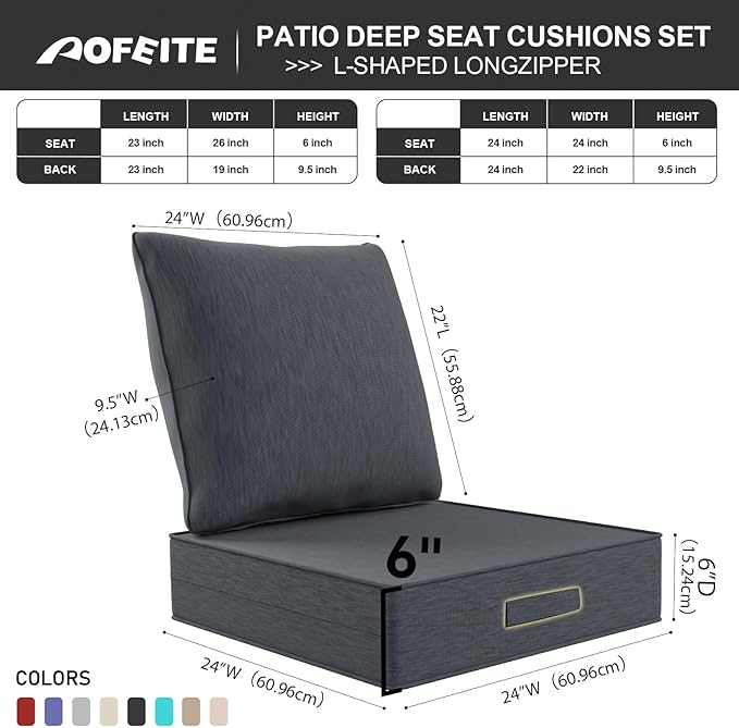Outdoor Olefin Water-Resistant Deep Seat Cushion Set, 24''x 24''x 6'' Weather and Fade Resistant Patio Furniture Seat Cushion, Thickened Sofa Chair Pad with Straps for Lawn, Garden, Dark Gray