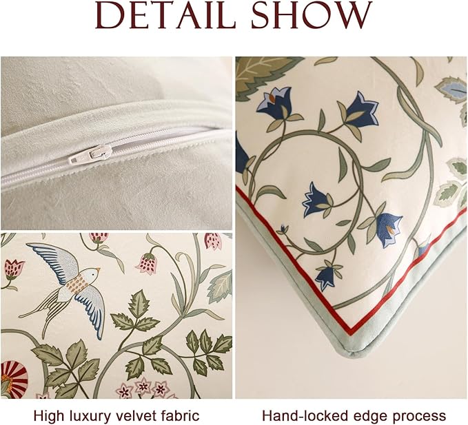 Square Throw Pillow Covers, Green Cozy Velvet Farmhouse with Birds and Flowers Pattern Pillowcases,Decoration Pillows Cushion Covers for Couch Sofa Bed Car Chair,18"x18"