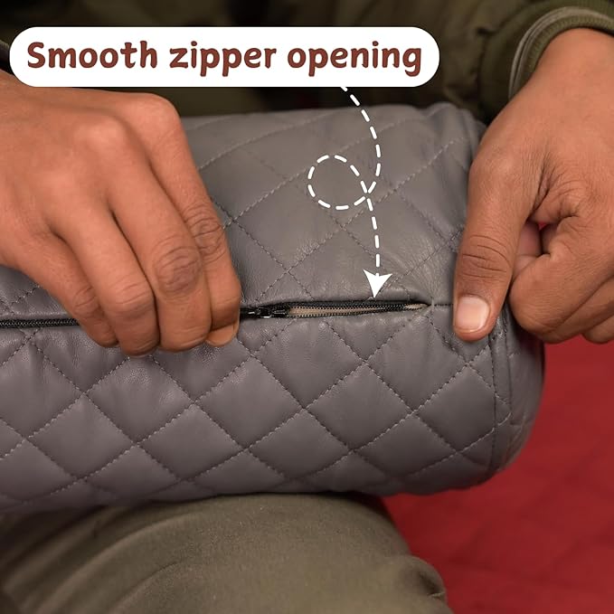 Neck Roll Pillow Cushion Cover, 16x7 Inch Full Moon Round Bolster Pillow Case, Cylinder Soft Lambskin Leather Pillowcase for Head, Spine & Neck Support During Sleep - Quilted Grey Pack of 1