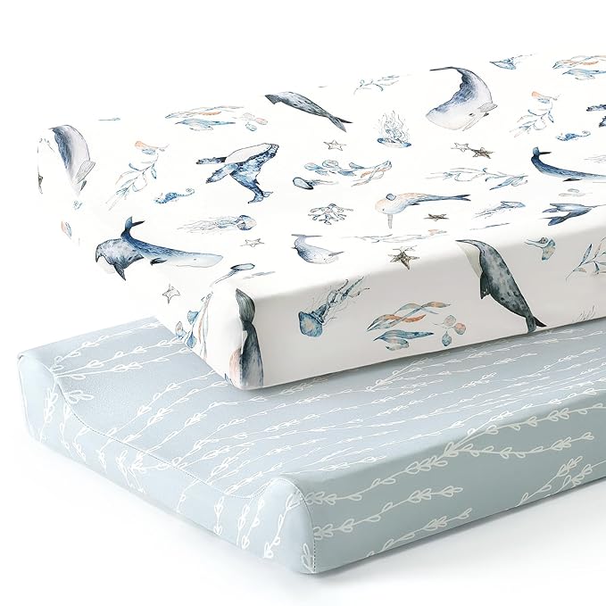 GRSSDER Stretch Ultra Soft Jersey Knit Changing Pad Cover Set 2 Pack, Change Table Pad Covers Fit 32"/34" x 16" Pads Safe and Snug, Sea Fish Print for Girls and Boys