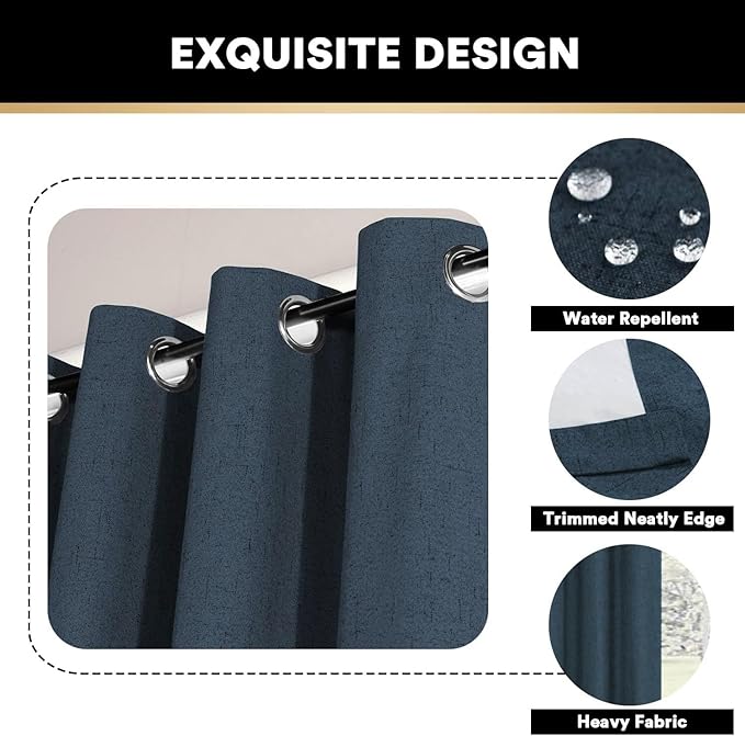 PrinceDeco Linen Blackout Curtains 108 Inches Long Thermal Insulated Textured Blackout Curtains 2 Panels Set Grommet Textured Curtains with White Liner for Bedroom Living Room(52x108 inch,Navy)