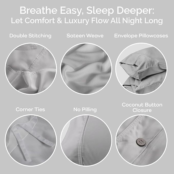 Duvet Cover Set - 100% Viscose Derived from Bamboo Duvet Cover King Size, 3 PC Luxury Cooling Duvet Cover for Hot Sleepers, Buttery Soft Comforter Cover & 2 PC King Pillowcases, Gray Mist