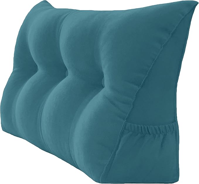 Triangular Reading Bed Rest Pillow Large Bolster Cushion Headboard Backrest Wedge Pillow with Removable Cover and Two Large Side Pockets (Teal Blue, Twin: 39 x 8 x 20 inches)