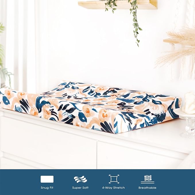 GRSSDER Stretch Ultra Soft Jersey Knit Changing Pad Cover Set 2 Pack, Change Table Pad Covers Fit 32"/34" x 16" Pads Safe and Snug, Beautiful Blush Floral Print for Girls