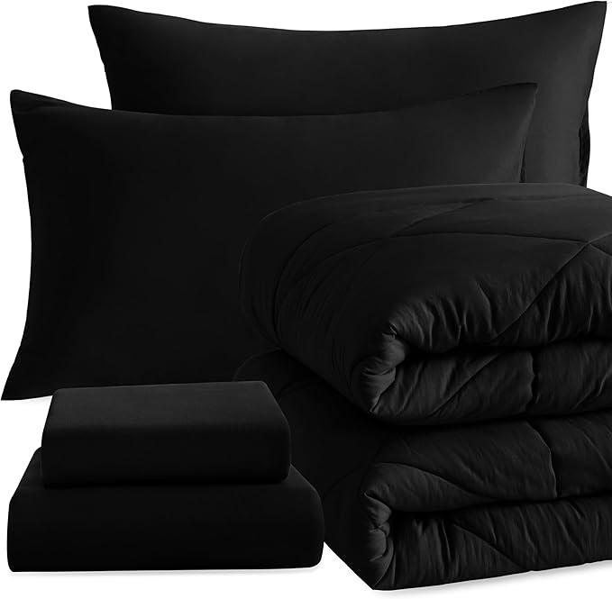 NTBAY Twin Comforter Set with Sheets, 5 Pieces Soft and Breathable Twin Bedding Set, Twin Bed in a Bag, Down Alternative Comforter Set Solid Color All Season, Kids Bedding Set, Black