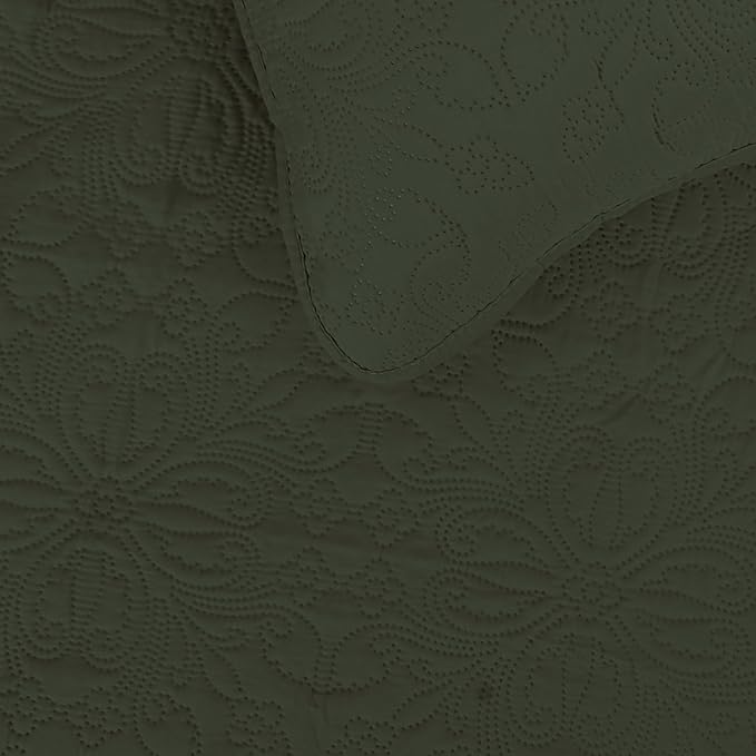 Easy-Going Full/Queen Size Reversible Quilt Set with 1 Quilt and 2 Pillow Shams, Soft Bed Quilt Cover, Water Resistant Lightweight Microfiber Bedspread, Stain Resistant, Damask-Army Green/Beige