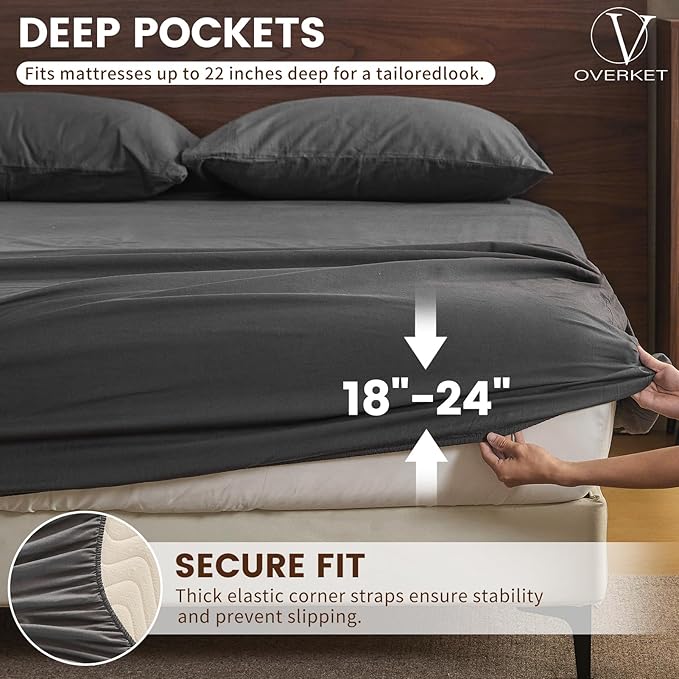 100% Linen Sheet Set King Size Extra Deep Pocket Fits 18-24 Inch Mattress, Breathable & Soft, Smooth 4-Piece Set for Thick Mattresses Hotel Luxury Bedding（King, Dark Grey）