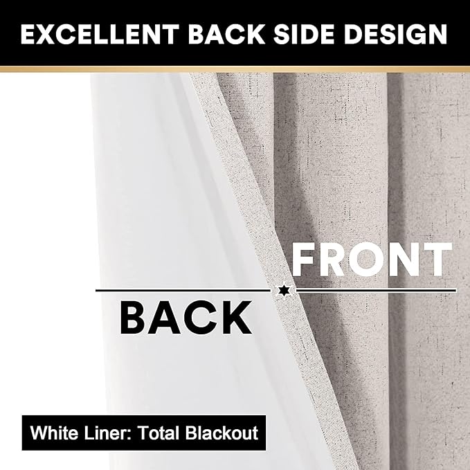 PrinceDeco Linen Blackout Curtains 100% Blackout Curtains 108 Inches Long Linen Look Patio Door Curtains Thermal Insulated Door Curtain for Living Room/Bedroom,W100 X L108 Inch, Natural