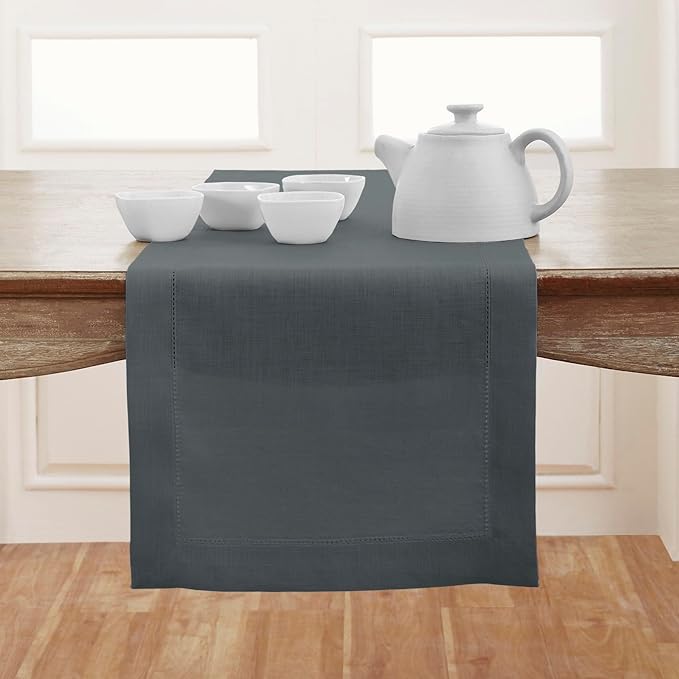 Solino Home Linen Hemstitch Table Runner 36 Inches - 100% Pure Linen Dark Grey Table Runner 14 x 36 Inch Ideal for Dresser and Coffee Tables - Classic Hemstitch - Winter