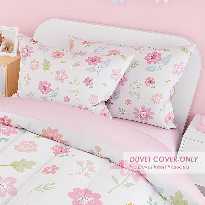 SANDJEST Floral Duvet Cover Sets Full Size for Kids Girls, Incude 1 Polyester Comforter Cover 80x90 Inches and 2 Pillowcases 20x26 Inches, Comforter Not Included, Gift for Christmas Birthday