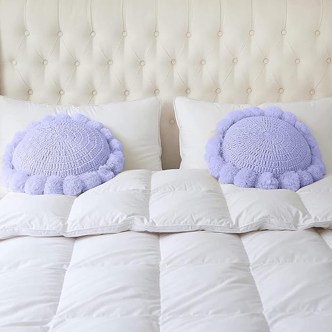 Boho Round Throw Pillow with Cute Handmade Pom Poms Tassels 18 Inch, Decorative Circular Knitted Crochet Cushion for Couch, Sofa, Chair, Bed, Purple