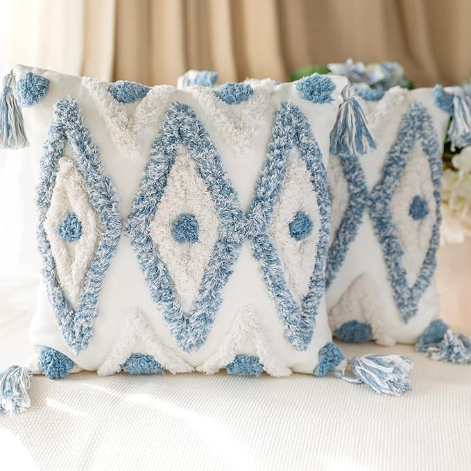 Set of 2 Cotton Woven Boho Throw Pillow Covers, Tufted Decorative Square Pillowcases Covers with Tassels for Couch Sofa Bed, Living Room Sofa, Farmhouse, 22x22 Inch Blue(2 pcs)