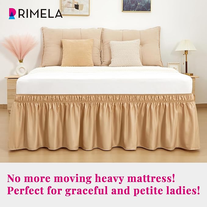 RIMELA Bed Skirt Queen Size Champagne Gold 15 Inch Drop, Wrap Around Elastic Bedskirt, Dust Ruffle for Adjustable Bed Base Soft Durable Fabric Machine Washable Easy to Install Bed Skirts