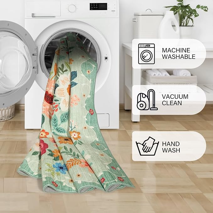 DUKINO 3x4 Area Rug, Lightweight Non Slip Washable Floral Rug, Indoor Low Pile & Non-Shedding Boho Design Carpets for Bedroom, Kitchen, Dining Room, Green