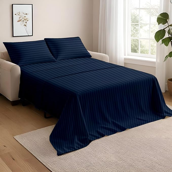 NON Sticky cotton Queen Size Sleeper Sofa Sheets, 4 Piece Egyptian Cotton Bed Sheet Set for Sofa Bed, 8" Deep Pocket for Pull Out Couch Mattress, 60" x 75", Navy Blue Stripe, Soft & Breathable