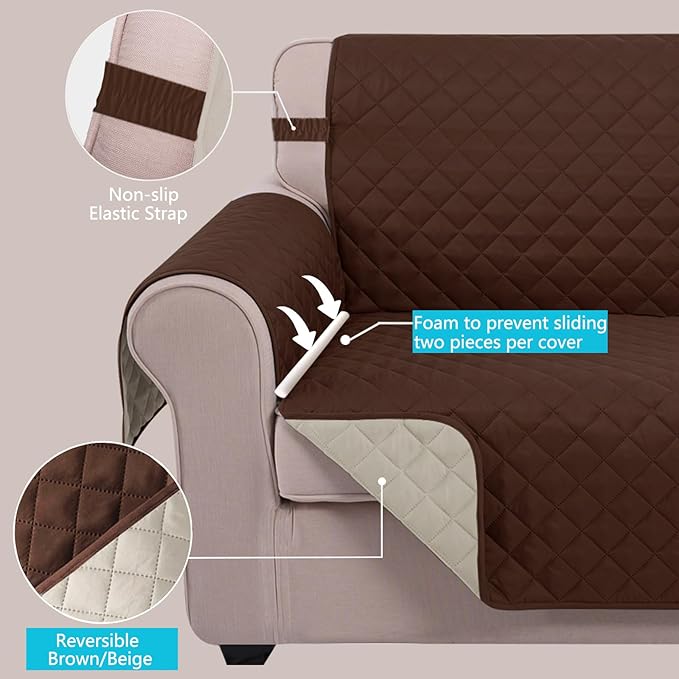 U-NICE HOME Recliner Chair Covers Reversible Chair Cover Pet Covers for Dogs with Elastic Straps Water Resistant Diamond Quilted (23''Recliner Small, Brown/Beige)
