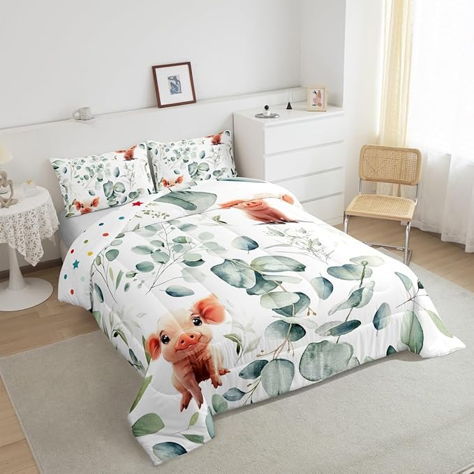 Erosebridal Kawaii Pig Queen Comforter Set for Boys Girls Cartoon Animal Bedding Set Queen, Eucalyptus Leaves Bedding Comforter Sets Farm Wildlife Duvet Set, Tropical Plants Quilted Comforter