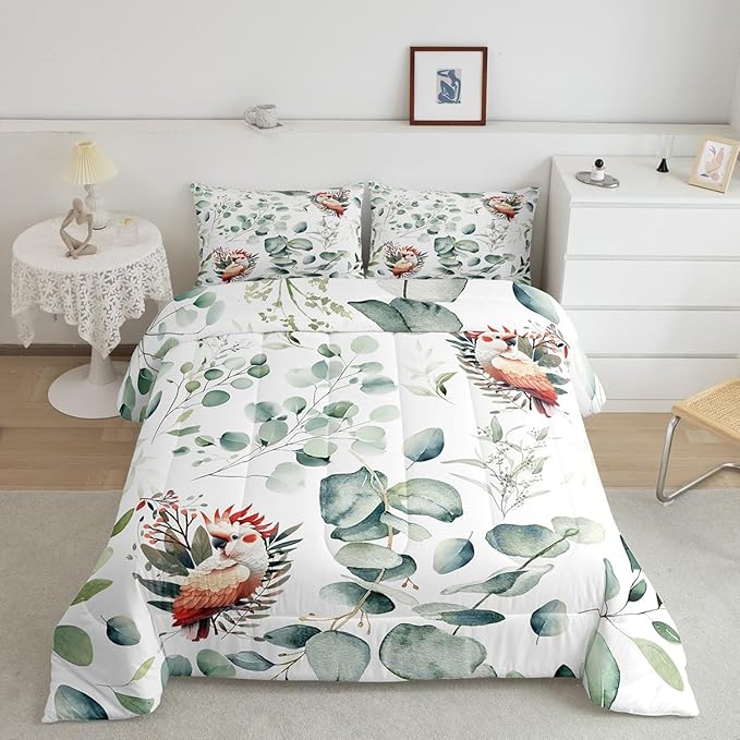 Erosebridal Cartoon Animal Queen Comforter Set for Kids Toddler Kawaii Parrot Bedding Set Queen, Wild Bird Bedding Comforter Sets Cute Wildlife Duvet Set, Botanical Green Eucalyptus Quilted Comforter