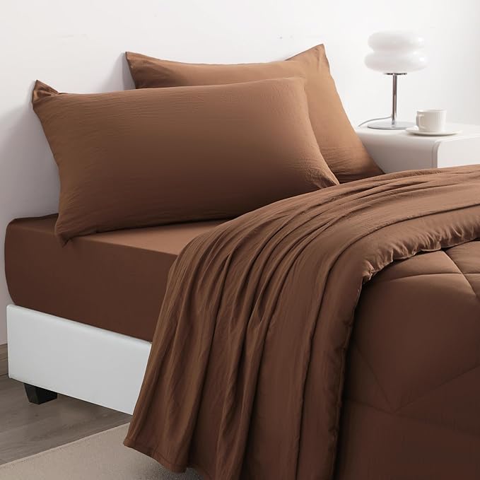 NTBAY Twin Comforter Set with Sheets, 5 Pieces Soft and Breathable Twin Bedding Set, Twin Bed in a Bag, Down Alternative Comforter Set Solid Color All Season, Kids Bedding Set, Brown