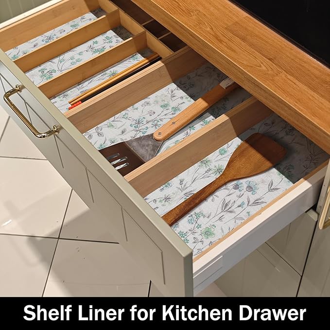Blue and Green Floral Shelf Liners Non Adhesive and Strong Non-Slip Shelf and Drawer Liners for Kitchen Cabinet Wire Fridge, Waterproof Shelf Drawer Liner,Easy to Clean,12IN x 10FT