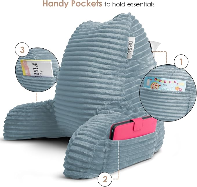 Nestl Reading Pillow with Shredded Memory Foam, Luxe Cut Plush Back Pillow for Sitting Up in Bed, Back and Arms Adjustable Support for Adult & Teens, Backrest Pillows with Washable Cover Stone Blue