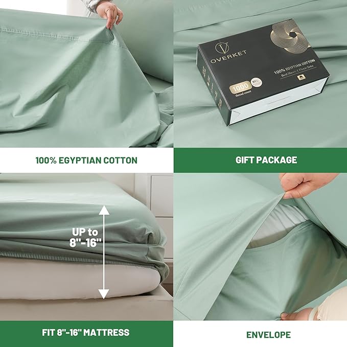 100% Egyptian Cotton Sheets King Size 1000 Thread Count Sateen Weave Soft Breathable 16-Inch Deep Pocket 4PCS（King,Sage Green）