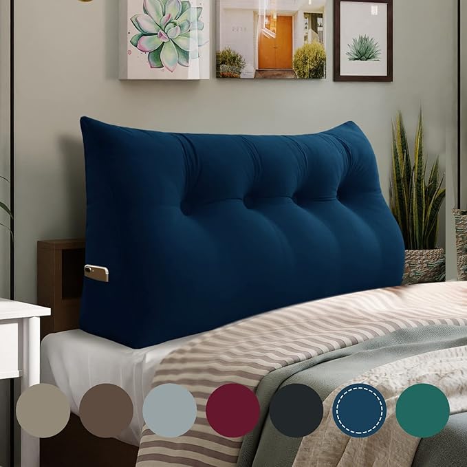Wedge Headboard Pillow Dorm Room Reading Pillow Back Support for Sitting Up in Bed Bolster Lumbar Cushion Body Positioning Bedrest Velvet 54in Navy Blue Full