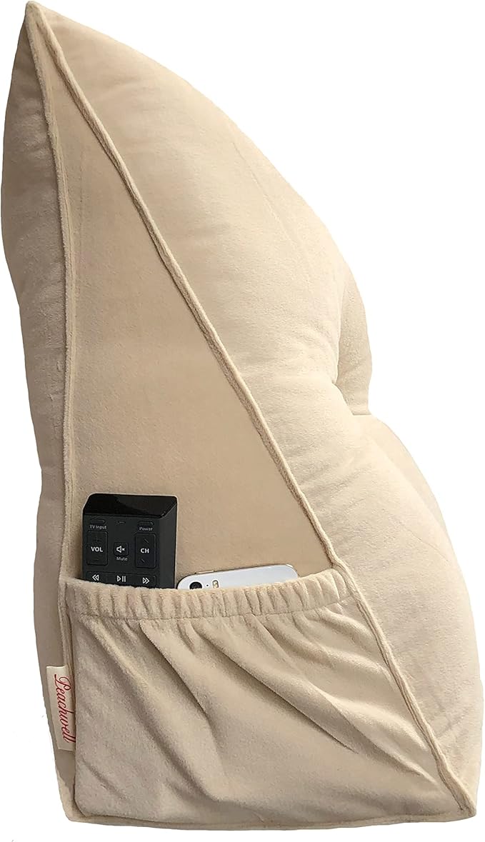 Triangular Reading Bed Rest Pillow Large Bolster Cushion Headboard Backrest Wedge Pillow with Removable Cover and Two Large Side Pockets (Beige, Queen: 59 x 8 x 20 inches)