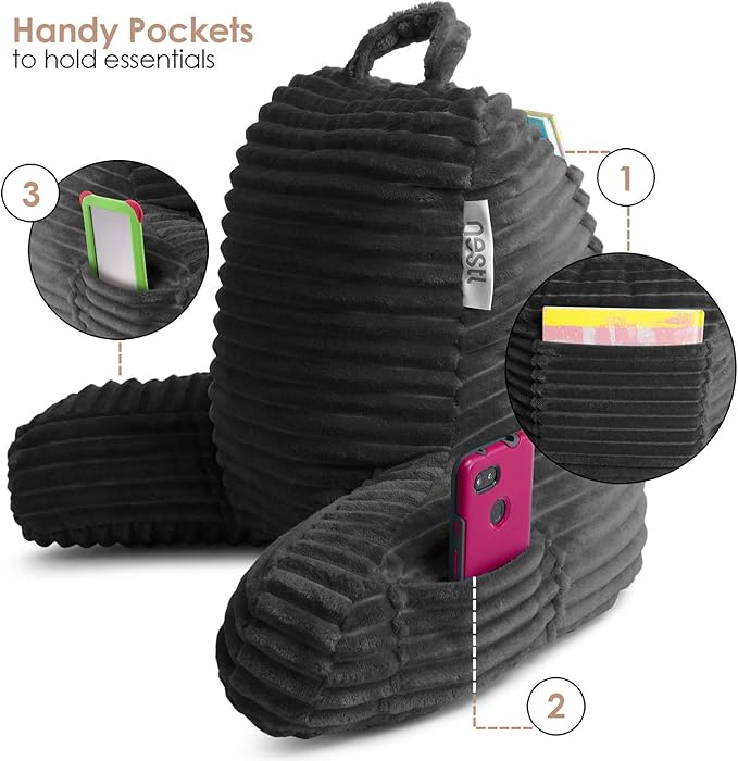 Nestl Reading Pillow for Kids & Teens with Shredded Memory Foam, Luxe Cut Plush Backrest Pillows for Reading and Gaming, for use on Couch, Bed, Floor, Adjustable Support with Washable Cover Dark Grey