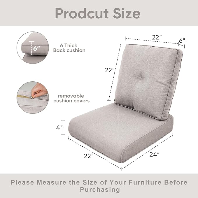 Outdoor Chair Cushions 3 Packs - Outside High Back Thick Water-Resistant Cushion 22x24 with Zipper Cover for Patio Glider Rocking Chairs Loveseat Couch – Beige/Buckle