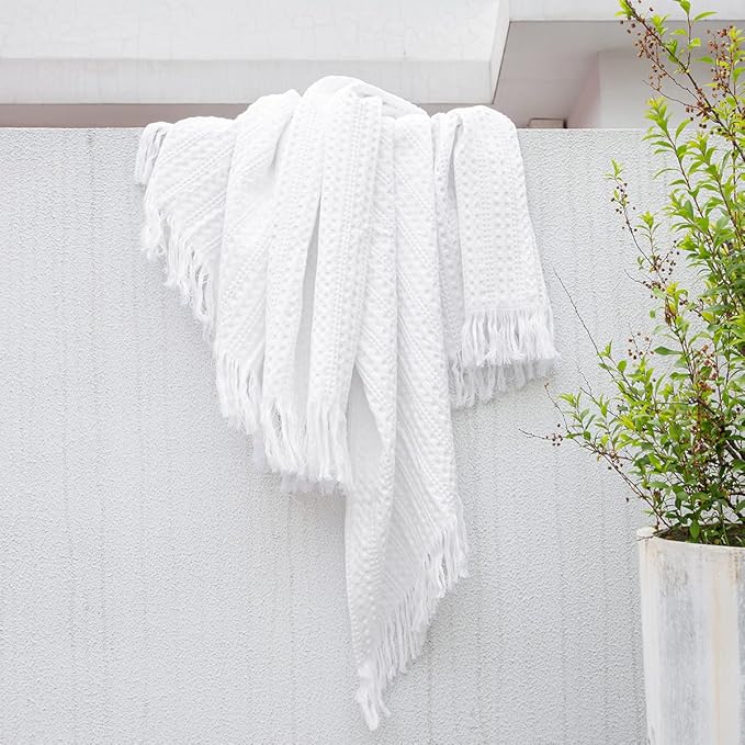 100% Cotton Waffle Blanket with Fringe, Pre-Washed Waffle Weave Blanket for All Season, Lightweight Breathable Soft Cozy Throw Blanket for Couch, Bed, Travel (White - 50x60 Inches)