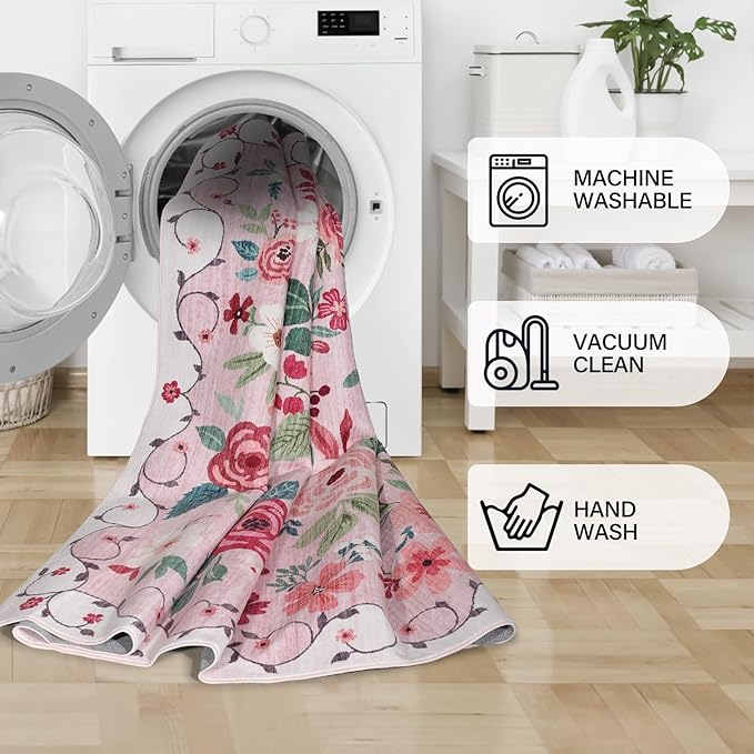 DUKINO Floral Round Rug, 4ft Washable Round Area Rug, Non Slip Indoor Low Pile Circle Rug, Soft Small Boho Design Circle Rug for Bedroom, Entryway, Living Room, Dining Room, Pink