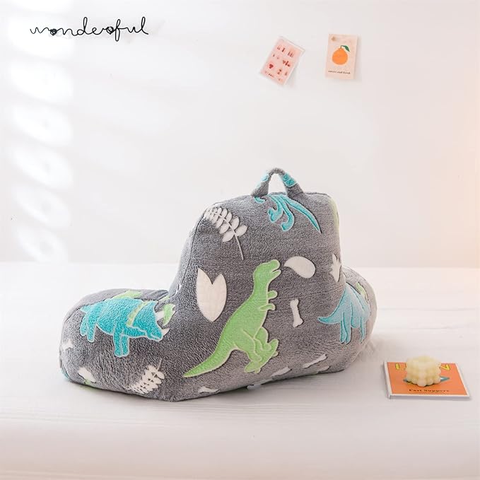 Meeting Story Glow in The Dark Green Dinosaur Luminous Reading Pillows Sparkling with Arms Back Pillow for Bed, Bed Rest Pillow for Adults Teens, Kids, (Blue-Green)