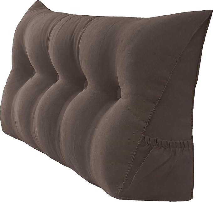 Triangular Reading Bed Rest Pillow Large Bolster Cushion Headboard Backrest Wedge Pillow with Removable Cover and Two Large Side Pockets (Cedar Brown, 47 x 8 x 20 inches)