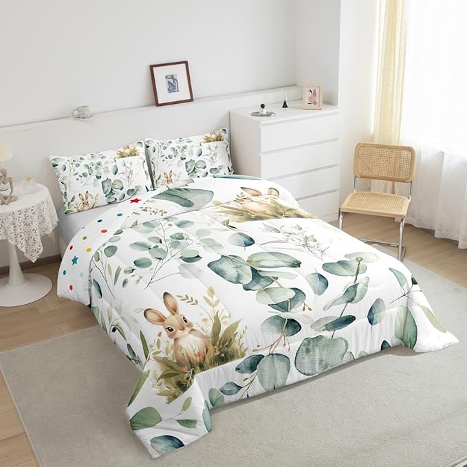 Erosebridal Girls Kawaii Animal Queen Size Comforter Set Cute Rabbit Bedding Set, Cartoon Wildlife Down Comforter Green Leaf Bed Set, Spring Garden Plant Quilted Duvet Child Kids Bedroom Decor