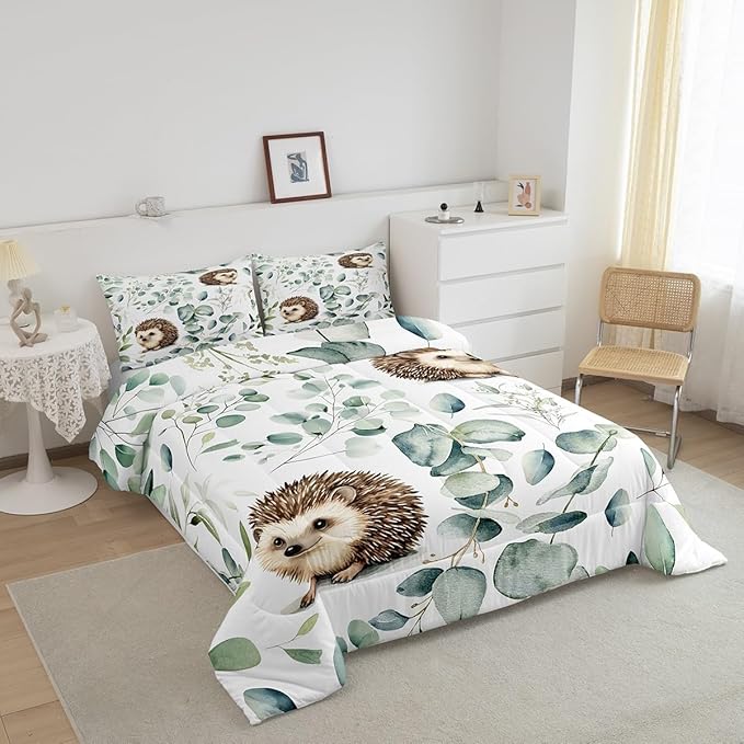 Erosebridal Cute Hedgehog Toddler Comforter Set for Kids Child Green Eucalyptus Bedding Set, Woodland Animal Bedding Comforter Sets Plant Leaves Duvet Set, Cartoon Wildlife Quilted Comforter