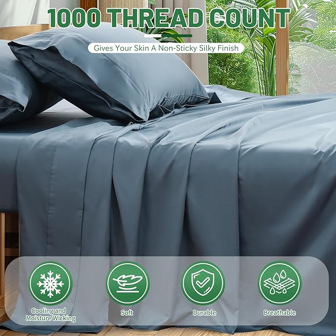 100% Egyptian Cotton Sheets King Size 4PCS 1000 Thread Count Sateen Weave Soft Breathable 16-Inch Deep Pocket （King,Dusty Blue）