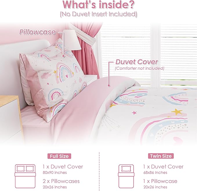 SANDJEST Rainbow Duvet Cover Sets Full Size for Kids Girls, Incude 1 Polyester Comforter Cover 80x90 Inches and 2 Pillowcases 20x26 Inches, Comforter Not Included, Gift for Christmas Birthday