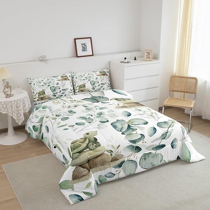 Erosebridal Kawaii Turtle Queen Size Comforter Set for Boys Girls Cartoon Animal Bedding Set, Eucalyptus Leaves Down Comforter Marine Wildlife Bed Set, Tropical Botanical Plants Quilted Duvet
