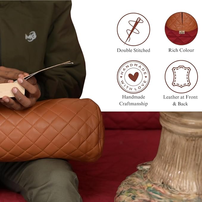 Neck Roll Pillow Cushion Cover, 14x6 Inch Full Moon Round Bolster Pillow Case, Cylinder Soft Lambskin Leather Pillowcase for Head, Spine & Neck Support During Sleep - Quilted Tan Pack of 2