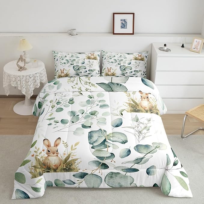 Erosebridal Girls Kawaii Animal Full Bedding Sets Cute Rabbit Comforter Set, Cartoon Wildlife Bedding Comforter Sets Green Leaf Duvet Insert, Spring Plant Down Comforter Child Kids Bedroom Decor