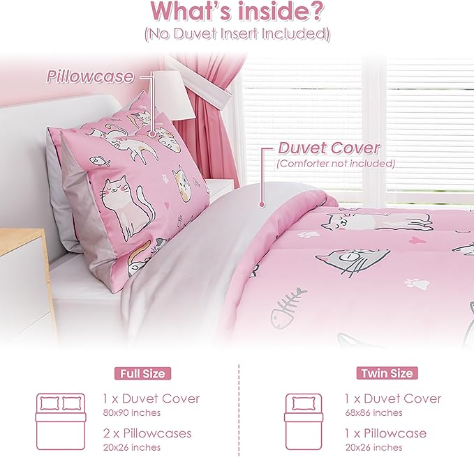 Cat Duvet Cover Sets Twin Size for Kids Girls, Include 1 Polyester Comforter Cover 68x86 Inches and 1 Pillowcase 20x26 Inches, Comforter Not Included, Gift for Christmas Birthday