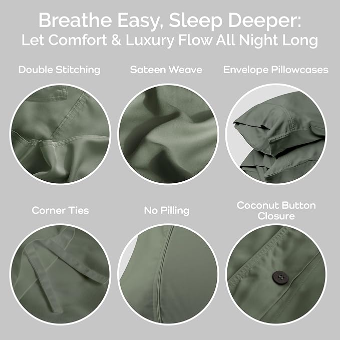 Duvet Cover Set - 100% Viscose Derived from Bamboo Duvet Cover Queen Size, 3 PC Luxury Cooling Duvet Cover for Hot Sleepers, Silky Buttery Soft Comforter Cover & 2 PC Queen Pillowcases, Moss