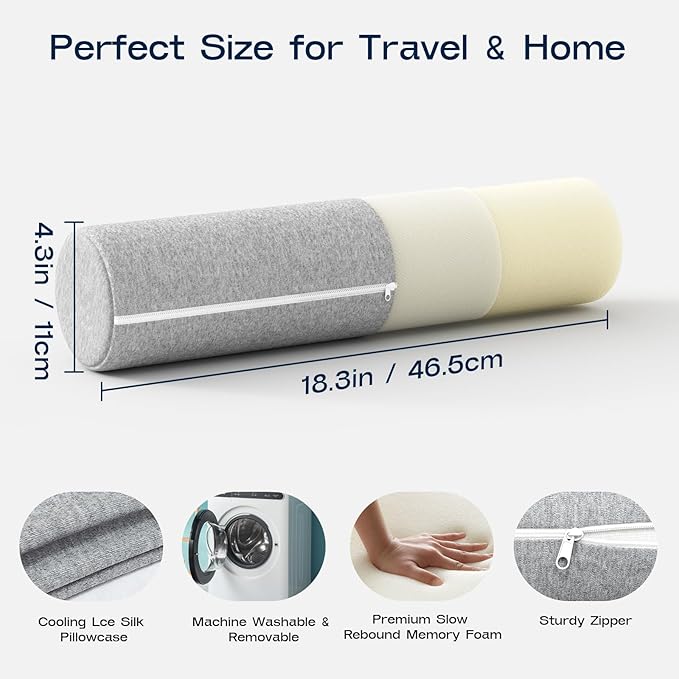 Neck Roll Pillow, Memory Foam Neck Support Pillows, Round Neck Pillows, Cylinder Bolster Pillows for Bed, Couch, and Yoga, Removable Washable Cover,18 * 4 * 4 inch (Small,Grey)