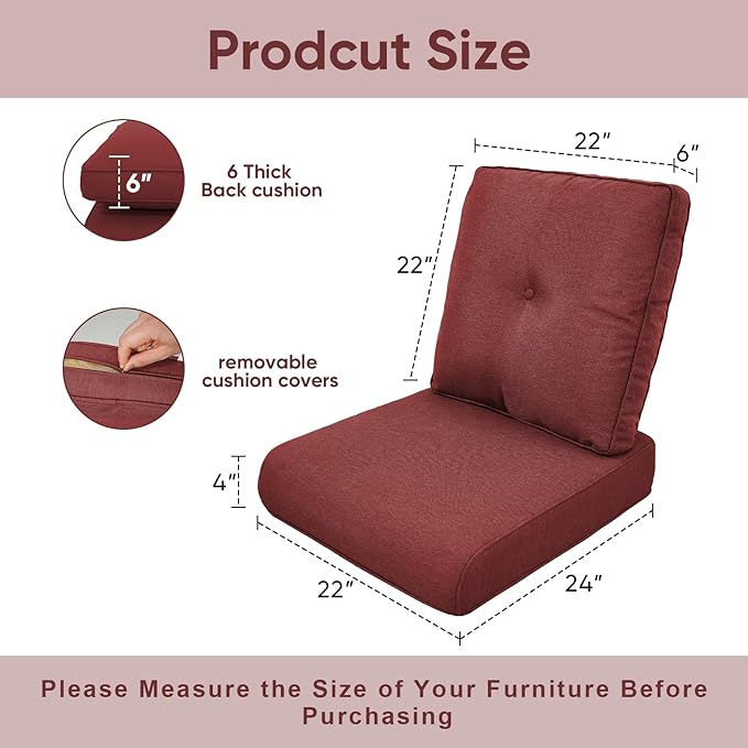 Outdoor Chair Cushions for Patio Furniture - 1 Pack Outside High Back Thick Water-Resistant Cushion 22x24 with Zipper Cover for Wicker Glider Rocking Chairs Loveseat Couch – Red/Buckle