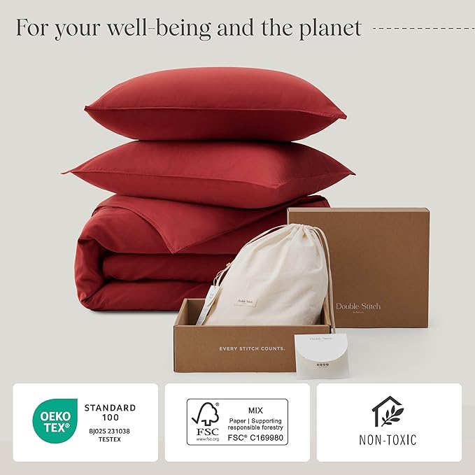 Double Stitch Cotton Tencel Duvet Cover - Queen Size Comforter Cover, Luxury & Soft Eucalyptus Lyocell Bedding Set for Hot Sleepers, Cooling, Smooth & Breathable, Button Closure, Red, 90"x90"