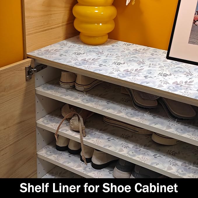 Blue Floral Shelf and Drawer Liner for Kitchen,12IN x 20FT Non-Adhesive and Strong Non-Slip Peony Cabinet Drawer Liners for Kitchen Shelf, Waterproof Cupboard Liners,Easy to Clean