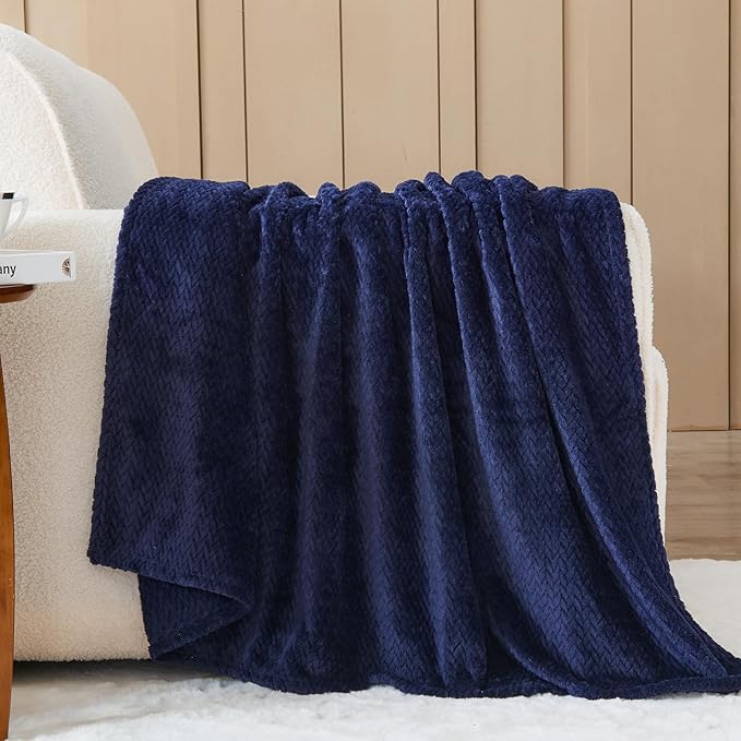 NEWCOSPLAY Super Soft Twin Blanket Dark Navy Premium Silky Flannel Fleece Leaves Pattern Lightweight Bed Blanket All Season Use (Dark Navy, Twin(60"x80"))