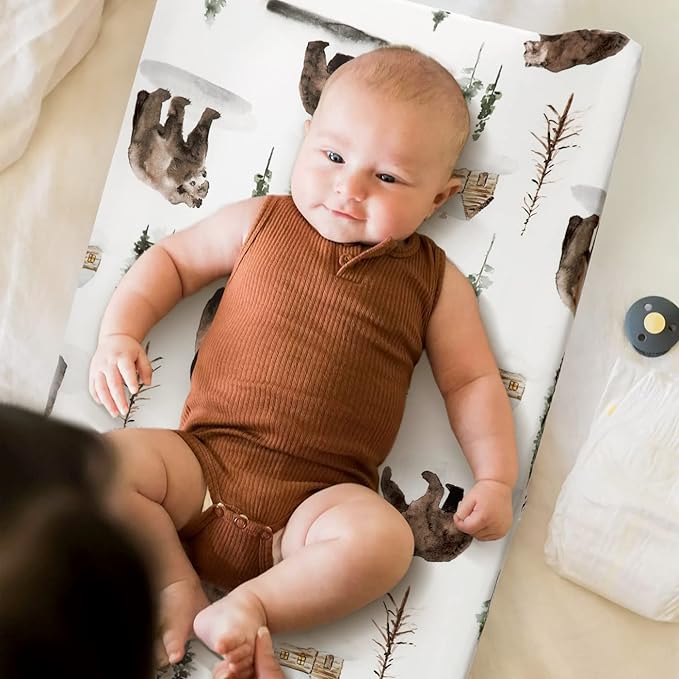 GRSSDER Stretch Ultra Soft Jersey Knit Changing Pad Covers Set 2 Pack, Change Table Pad Covers Fit 32"/34" x 16" Pads Safe and Snug, Jungle Bear/Rainbow for Baby