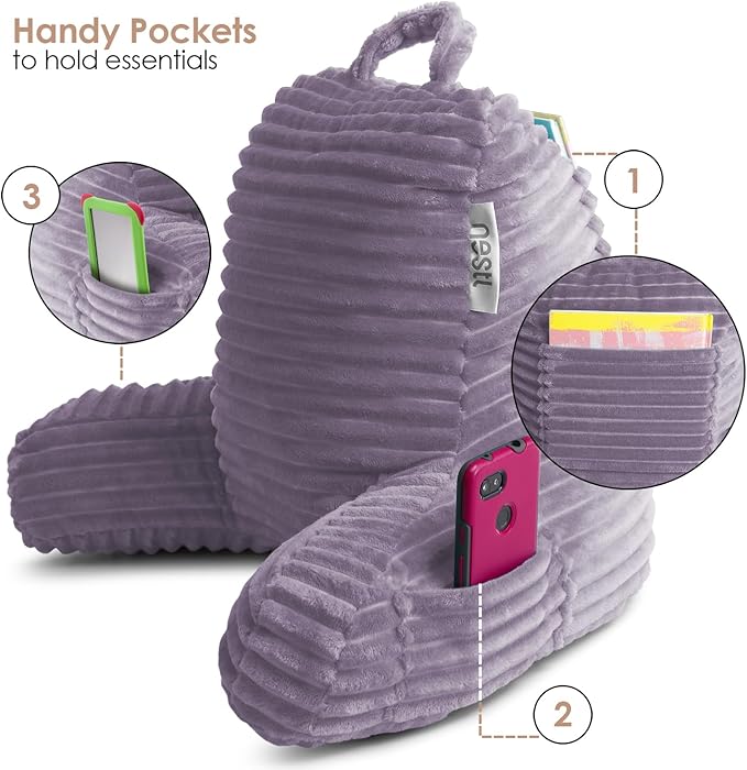 Nestl Reading Pillow for Kids & Teens with Shredded Memory Foam, Luxe Cut Plush Backrest Pillows for Reading and Gaming, for use on Couch or Bed, Adjustable Support with Washable Cover Dusty Purple